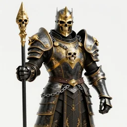 lich king wearing black and gold armor with skulls and chains, holding a two handed sword with golden handle, wearing spiky helmet with mask concept art artstation