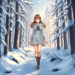 full - body anime girl by davinci walking through very scenic snowy forest, upper - body beautiful extremely detailed illustration, stunning face and eyes, pretty, perfect anatomy, pixiv gelbooru danbooru