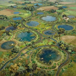 overhead birdseye view, network of small ponds and winding streams, extremely detailed oil painting, rhads, sargent and leyendecker, savrasov levitan polenov, bruce pennington, studio ghibli, tim hildebrandt, digital art, landscape painting, trending on artstation, masterpiece