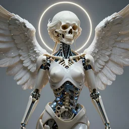 portrait of a cyberpunk robotic female angel, half skull, bones and ligaments, circles of light, beautifully detailed lighting, smooth, elegant, award winning, artstation, by alphonse mucha, rene laloux