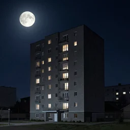 a single apartment building in a moonlit night in the style of peter mohrbacher and jacek yerka and alejandro burdisio