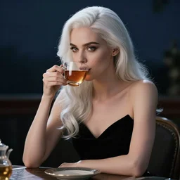 a beautiful woman with white hair wearing a black dress is sitting at a table drinking a cup of tea, skeleton fingers, beautiful face, beautiful eyes, elegant, beautiful, dimly lit, dark sky, volumetric lighting, cinematic lighting, unreal engine, trending on artstation, style artgerm, by sam yang and luis royo and wlop and john howe