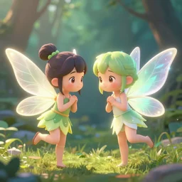 magical small female and male fairies 🧚‍♂️ 🧚‍♀️ glowing effect as adorable anime style, young ,clear clean face,2D ,painter's style, gouache illustration, high contrast,cute, kawaii, chibi,golden ratio , rule of thirds,-H 768