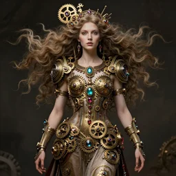 A steampunk beautiful goddess, she is wavy, she is embellished with gears wheels and gemstones, by William Holman Hunt, Greg Rutkowski, Stanely Artgerm, Tooth Wu, Peter Gric, Aaron Horkey, trending on Artstation, digital art, mythological, symmetrical artwork, cinematic lighting, hyper realism, high detail, octane render, ultra realistic, golden ratio, 4k, 8k