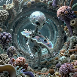 aliena, unspaceship, gelatinosis glass, nudibranch, chaos, mollis, retro futurism octane render, artificia, by peter mohrbacher, vortices micro water, fluox symbiosi crusta, gekkolings, the omni, gekko soles gelatin brains, phantastica, fluida, lush layered biomechanical fauna