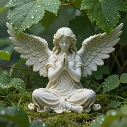 in a world of dew, and within every dewdrop a world of struggle. and fantasy intricate elegant angel sits in prayer under, lush volumetric lighting 3 d modelling