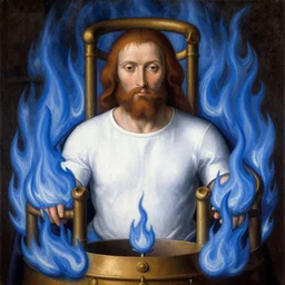 hank hill in a white tshirt as the saint of propane surrounded by blue fire, renaissance religious painting, painting by carlo crivelli, late gothic religious paintings, byzantine religious art, trending on artstation