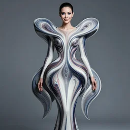 a beautiful woman wearing a futuristic dress by alexander mcqueen, thom browne, junya watanabe, artgerm, arabian beauty, blue eyes, smile, futuristic, organic dress, pattern, concept art, fantasy