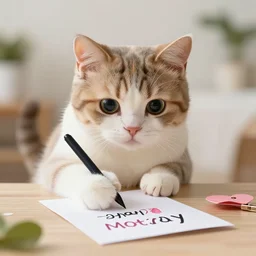 An adorable anthro kitten writing a happy mother's day card for his mother