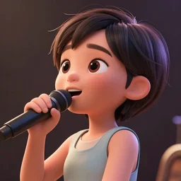 a cute Asian girl singing, short stylish hair in the style of DreamWorks animation, mid-shot, profile, low angle view, 16mm lens, award winning, hyper detailed, studio lighting, artstation, octane renderer, unreal engine