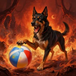 snarling hell hound playing with a colorful beachball in hell, digital painting, trending on artstation