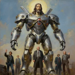 a giant statue of jesus, mecha, tim hildebrandt, wayne barlowe, bruce pennington, donato giancola, trending on artstation, cinematic composition, beautiful lighting, hyper detailed, 8 k, oil on canvas