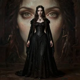 full length portrait of a woman with timeless beauty & breathtaking eyes dressed in gothic attire, intricate digital art, elegant, DSLR 8K, biblical art, realism, incomprehensible detail, final fantasy & silent hill aesthetic, photorealistic, lifelike, created by z--ed on deviantart