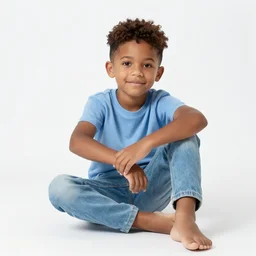 a light - brown - skinned brazilian boy with french crop hair wearing a light blue shirt and light blue jeans barefoot sitting next to an also sitting black brazilian boy with a buzzcut wearing a black sweater blue shorts and dirty brown sneakers, sitting on the dirt, blurry greenery in the background, 3 5 mm film, 6 0 s photograph, full shot