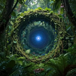 intergalactic stargate portal in the middle of a jungle, with vines and leaves entwining it by steve argyle
