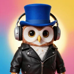 cute owl wearing black biker jacket, portrait photo, backlit, studio photo, background colorful, tophat, kobalt blue, tophat, stone, headphone