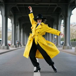 nosferatu with a yellow trenchcoat dance under a bridge, vibrant colors, photography