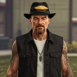 Walter White with pork pie black hat, accurate anatomy, highly detailed, gta 5 styled, centered, portrait