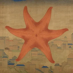 a goryeo era buddhist painting of a kaiju starfish creature, monster over cityscape, light burning through the painting, glitchy prismatic light, cyber monster, futuristic buddhism, mirror flare