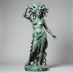 full body bronze sculpture of medusa, renaissance style, patina, green dress, sharp facial features, angry, professional photography, dynamic and dominant