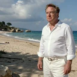detailed cinematic shot of jeff bezos with white clothes in the mediterranean beach, spring light, painting by gaston bussiere, craig mullins, j. c. leyendecker