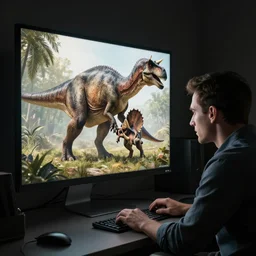 dinosaur in dark office looking on computer at picture of a stegosaurus mounting a triceratops