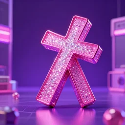 y 2 k realistic render of a pink y 2 k rhinestone fallen cross in a glowing purple room, hyper realistic, hd glossy 8 k realistic shiny sparkling