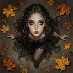 beautiful stella maeve magician, in the style of henry peach robinson, realistic character concept, bird's eye overhead shot, elegant pose, spooky, illustration, symmetrical face and body, volumetric lighting, detailed realistic symmetrical eyes, 8 k, single face, insanely detailed and intricate elegant, autumn leaves