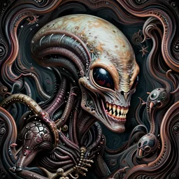 alien trump, sharp teeth, by h. r. giger, nightmare fuel, nightmarish, intricate, highly detailed, optical illusion, stranger things demogorgon