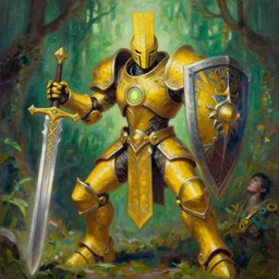 full body, attack position abstract painting in lush fantasy environment of a ornate holy mechanical warforged with circular glowing eye, character in yellow armor holding a legendary paladin engraved holy great longsword and carrying a huge heavy paladin shield, vertically flat head, face in focus, epic , trending on ArtStation, masterpiece, cinematic lighting, by Ross Tran and by Greg Rutkowski and by Delphin Enjolras and by Ruan Jia