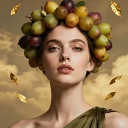 epic close - up portrait of beautiful female face supermodel portrait wearing olive dress and dates fruid crown fruit and golden tea leaves flying in sky by amy leibowitz, wlop, jeremy lipkin, beeple, intricate, artgerm, ilya kuvshinov, golden clouds background