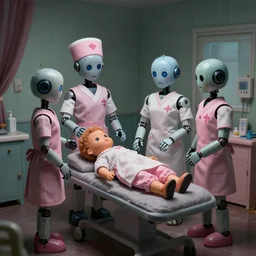a doll hospital run by robot nurses. folk horror. detailed.
