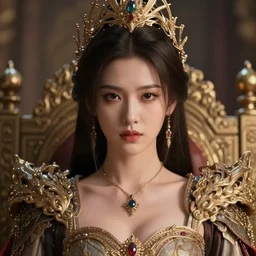 closeup portrait of a fierce beautiful young asian queen with medium length hair, sitting on her throne, highly detailed, intricate, elegant, hyperrealism, digital art by ross tran and artgerm and greg rutkwowski and wlop, octane render, 8 k, unreal engine