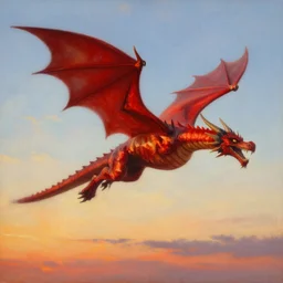 red dragon flying over the sky, sunset, oil painting by wayne reynolds, sideview