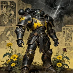 composition gothic of and futuristic, warhammer, cyber japan style armor, scars, thunderstorm, black and yellow, many mechflowers, the middle ages, highly detailed, artstation, in the style of moebius, jugendstil and classic japanese print, art by jean delville, richard pearce