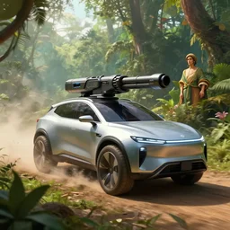 futuristic suv designed by apple with a railgun driving through the amazon, artgerm and greg rutkowski and alphonse mucha, epic fantasy sci - fi volumetric light, detailed, unreal engine digital art, an epic fantasy, trending on art station, octane render,