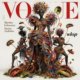 pretty black model with venus fly traps : : by martine johanna and simon stalenhag and chie yoshii and casey weldon and wlop : : ornate, dynamic, particulate, rich colors, intricate, elegant, highly detailed, vogue, harper's bazaar art, fashion magazine, smooth, sharp focus, 8 k, octane render,
