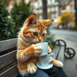 photo of an anthropomorphic cat drinking coffee on a bench, wide angle, highly - detailed realistic