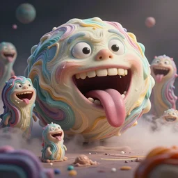of a planet made of colorful cream with sinuous, large, strange happy creatures with big mouth, long tongue, and square teeth appearing from the hazy ground, in the style of antonio berni, macro lens, shallow depth of field, highly detailed, digital painting, trending artstation, concept art, illustration, cinematic lighting, vibrant colors, photorealism, epic, octane render