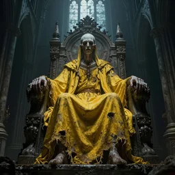 a tall towering huge pale human wearing a yellow garment sitting upon an ornate stone throne, 4K, digital art, lovecraftian, artstation, horror, dramatic, wearing a long yellow rotting garment, dark, hyperrealistic, perspective, complex (((dark))) cathedral background with volumetric lights coming in through cathedral windows, dark background, highlights,
