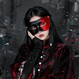bored looking thing, portrait all dressed in black, beautiful face and eyes, black and red mask on her face, black and red velvet fabric, highly detailed, white accents, cel shaded, cinematic shot, trending on artstation, high quality, detailed and chaotic background, brush strokes all over, by tom bagshaw and jama jurabaev