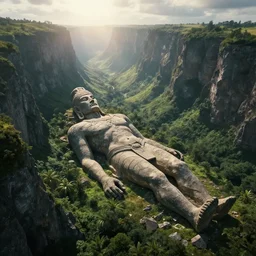The ancient corpse of a fallen stone titan within a deep and lush valley, Greg Rutkowski, dramatic lighting, view for miles, lens flare, perspective, airborne view, beautiful lighting, stone colossus remains