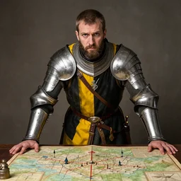 Portrait of frustrated and acerbic male medieval sergeant with a short beard wearing a {black and yellow tabard} over a steel breastplate and a black gambeson with his hands planted on a table with a war theater map, by Greg Rutkowski, {perfect face}, {perfect eyes}, {hands planted on war table while standing}, fantasy