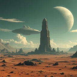 hyperrealistic very detailed landscape concept art of a large alien structure on a wasteland exoplanet, celestial cosmic lovecraftian horror by bruce brenneise and peter mohrbacher, giant alien spacecraft hovering in the sky, ancient ruins in background, large exoplanet in the sky, alien planet with craters and large structures, 3 d render, neosurrealism. digital concept art, pixel art, rendered in octane, trending on cgsociety, trending on artstation