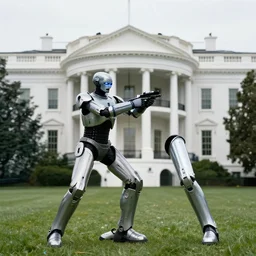 a photograph of robocop attacking the white house in washington dc, ultrarealistic, n - 9