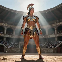large and strong female gladiator standing in the arena, muscular and mighty, low angle, sunshafts, by donato giancola and ralph horsley