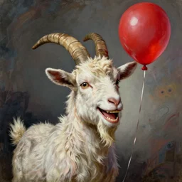 grunge cartoon painting of goat with a wide smile and a red balloon by chris leib, loony toons style, pennywise style, corpse bride style, horror theme, detailed, elegant, intricate