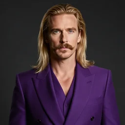 medium shot of a 6 0 - year - old man with long blonde hair, mustache and soul patch, green eyes, wearing elegant purple clothes, high contrast, studio lighting