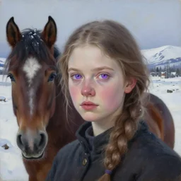 portrait of a nordic girl with violet eyes in a snowy tundra, the girl with violet eyes has a horse. by Daniel F. Gerhartz, hyperrealistic oil painting, 4k, very detailed faces, studio lightning