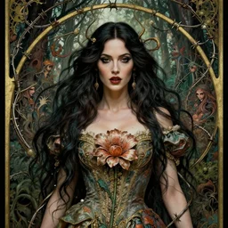 new art nouveau closeup portrait of fantasy flower succubus megan fox wearing a royal dress in an evil forest, malignant, anna dittmann, moebius, wlop, artgerm, patrick nagle, charlie bowater and loish. long windblown hair, ultrasharp focus, dramatic lighting, barbwire vine arches, octane, matte painting, intricate, d & d, poster